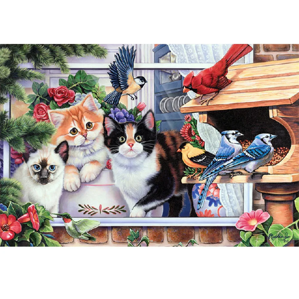 

Moge diamond painting Cat diamond emboridery Cat and bird 5D diamond painting full cat and birds diamond painting cat and flower