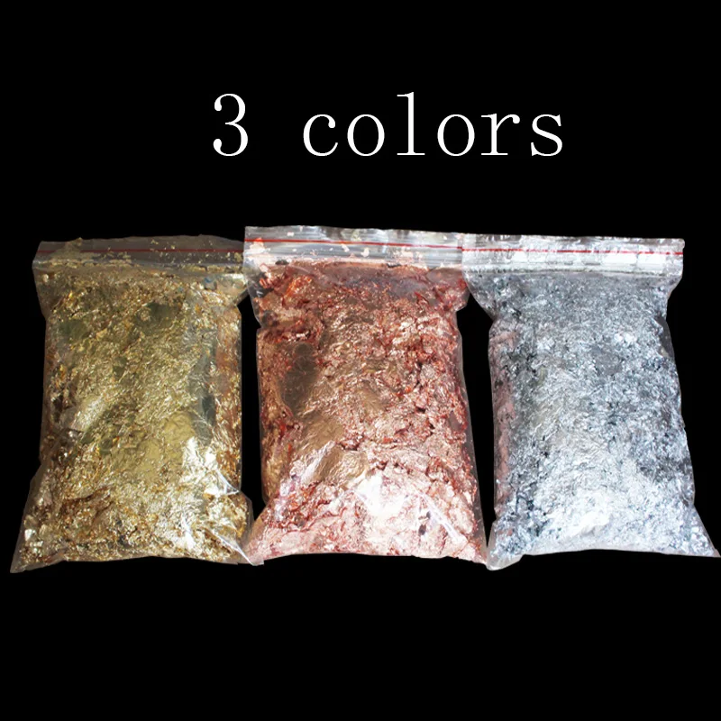 

3colors,about 20 gram for one color, fragment of imitation gold leaf foil,aluminum foil, red copper leaf ,flake foil,