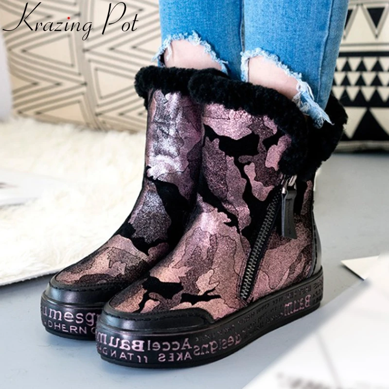 

krazing pot new cow suede round toe patterns leather sheep fur wedges med heels snow boots European platform mid-calf boots L86