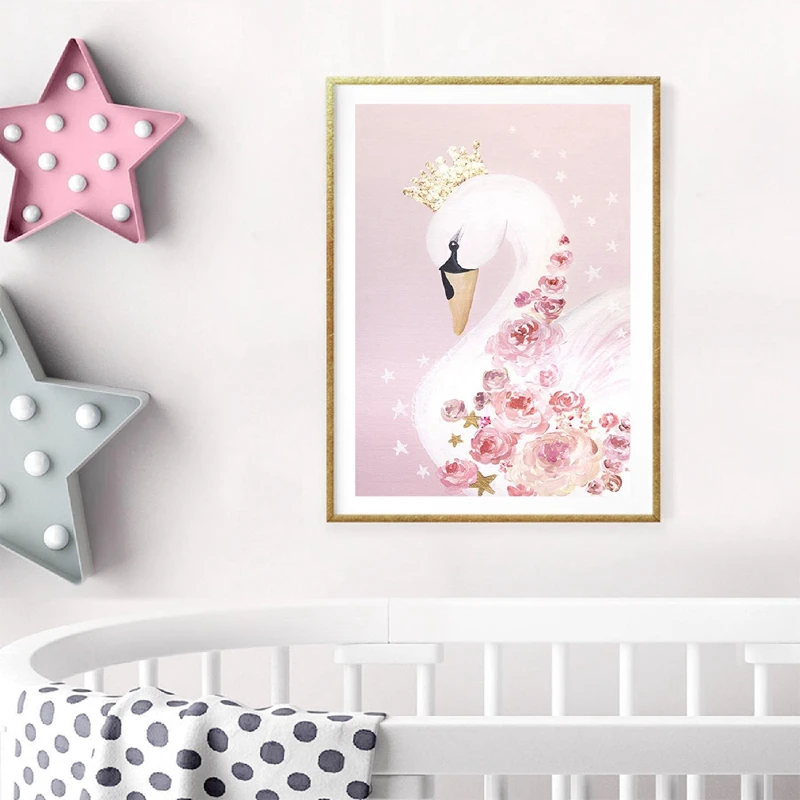 Лебедь принцесса холст художественный принт детский Декор акварельный лебедь цветок Румяна Золотой холст картина украшение комнаты девочки