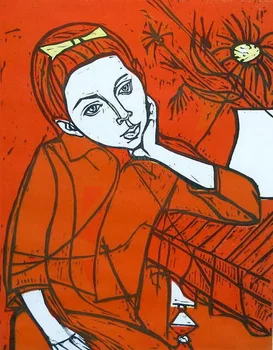 

Modern handmade painting beautiful girl thinking on oil canvas for living room decor and wallpaper