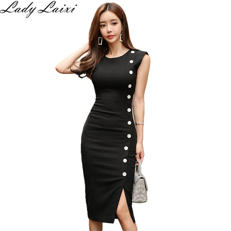 

2019 Summer Long Midi Party Dress Women Black Single-breasted Buttons Slim Pencil Dress Bodycon Formal pencil Dress