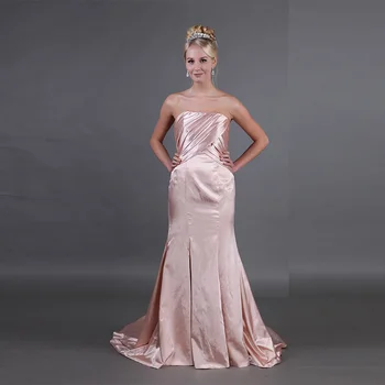 

Elegant Mermaid Satin Evening Dresses Pleats Nude Women Formal Party Dresses Sweep Train 2019 Special Occasion Evening Gowns