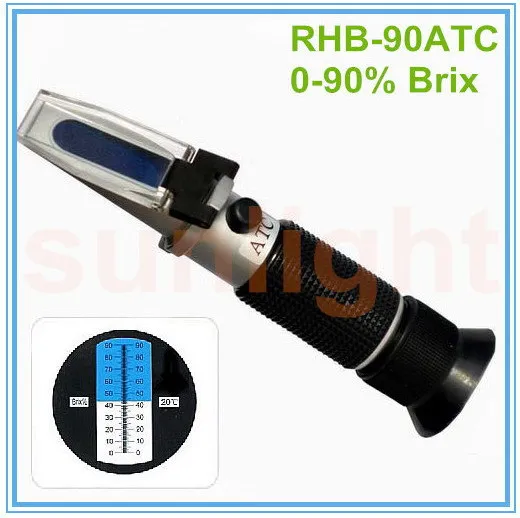 

Wholesale 10pcs/lot RHB-90ATC Wide-range 0-90% Brix Refractometer with Plastic Retail Box