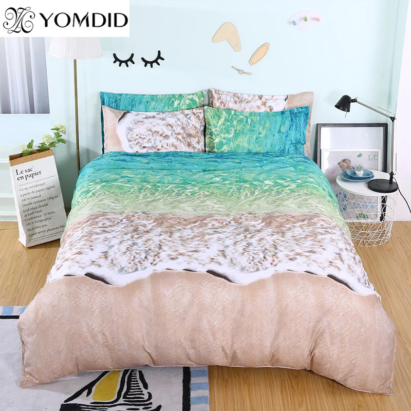 

Beach Waves Bedding Sets Reactive Printing Polyester Duvet Cover Set For Home Hotel Decoration Quilt Cover Pillowcase Green
