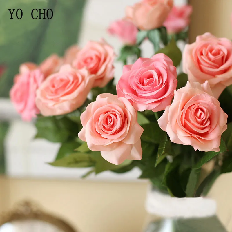 

YO CHO Red Artificial Roses Real Touch Pink Silk Flower Bouquet Peonies Fake Flowers Wedding Party Decorations Roses Artificial