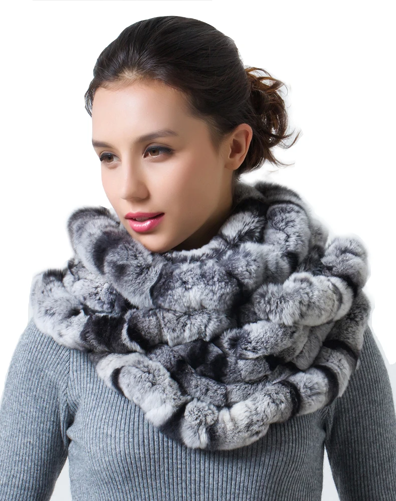

Winter Women Real Natural Rex Rabbit Fur Scarf Neck Wrap Shawl 2circles Chinchilla FRS002