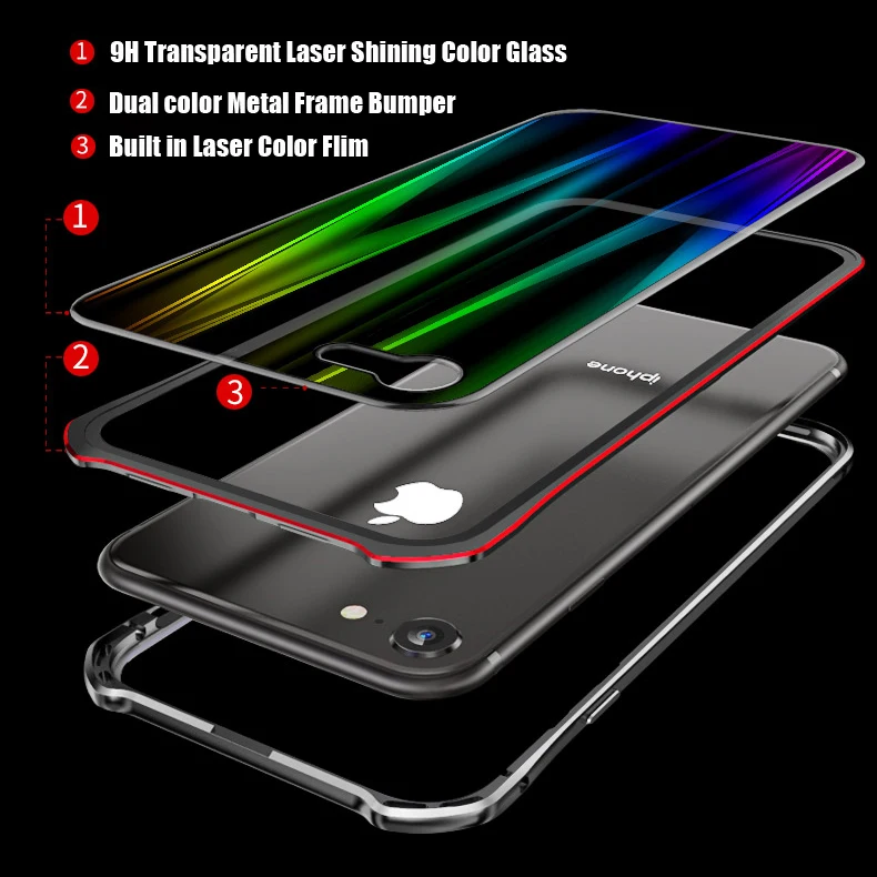 Fashion Aurora Laser Glitter Glass Case For iPhone 8 Magnetic Clear Back Cover X 7 Plus Aluminum Bumper | Мобильные телефоны и