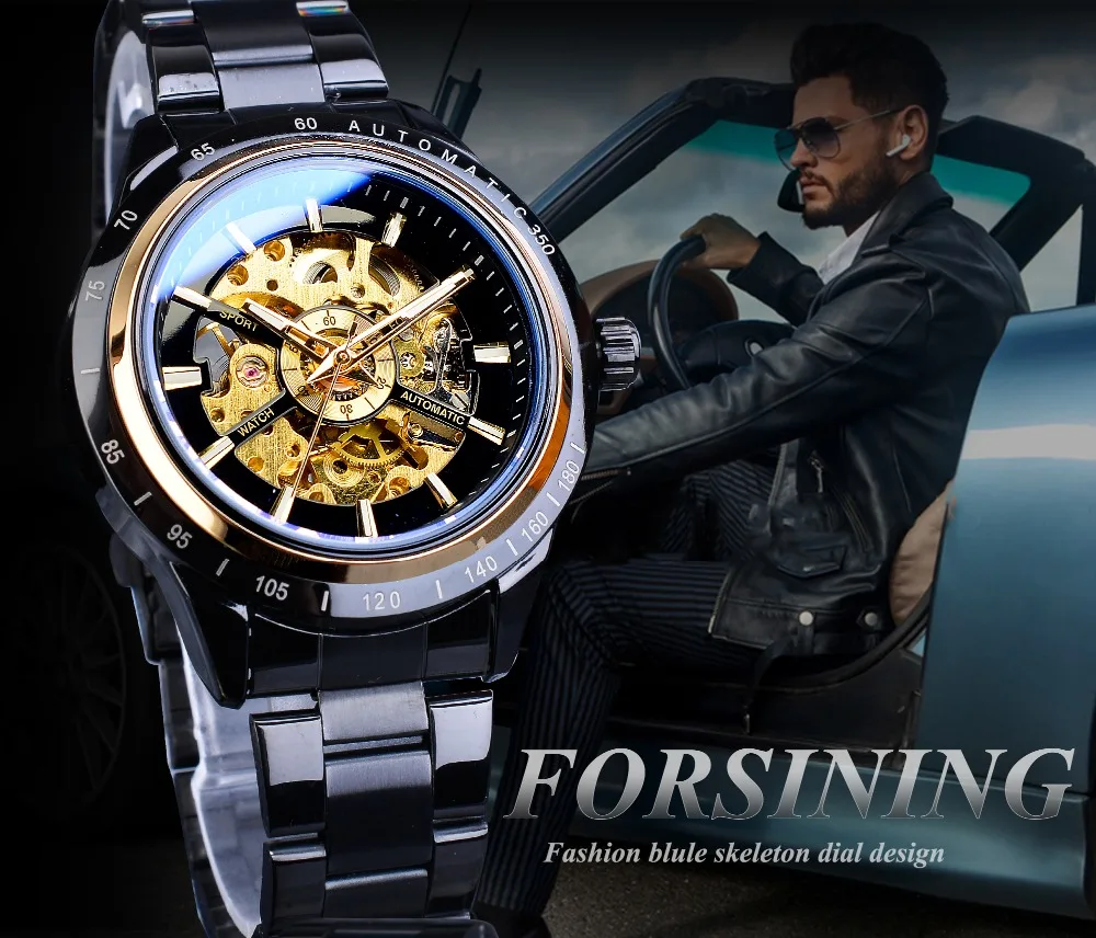 Forsining классические мужские механические часы автоматический черный скелет гоночный дизайн спортивные часы полный стальной ремешок наручные часы Relogio