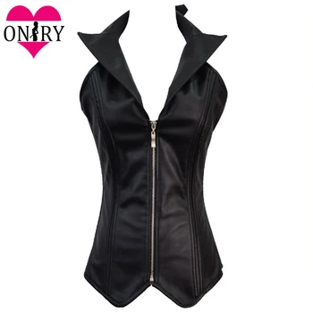 

Halter Neck Zipper Black Leather Corset Steel Boned Corsets And Bustiers Gothic Steampunk Clothing Women Sexy Burlesque Costumes