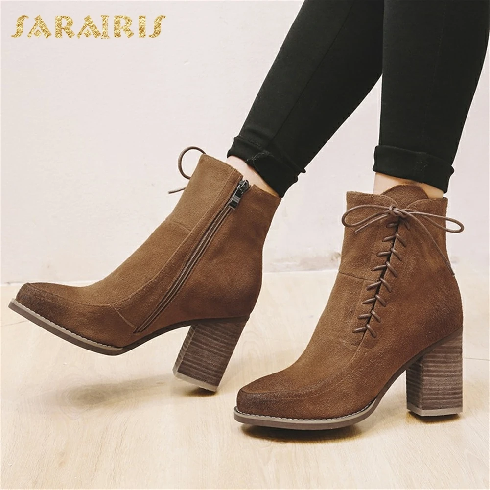 

SARAIRIS 2018 Cow Suede Leather Large Size 33-42 Winter Boots Woman Shoes Zip Up Ankle Boots Chunky High Heels Shoes Woman