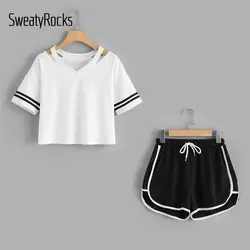 SweatyRocks в полоску топ с длинными рукавами и шнурок контрастной отделкой шорты летние эластичные спортивные 2 piece Для женщин с v-образным