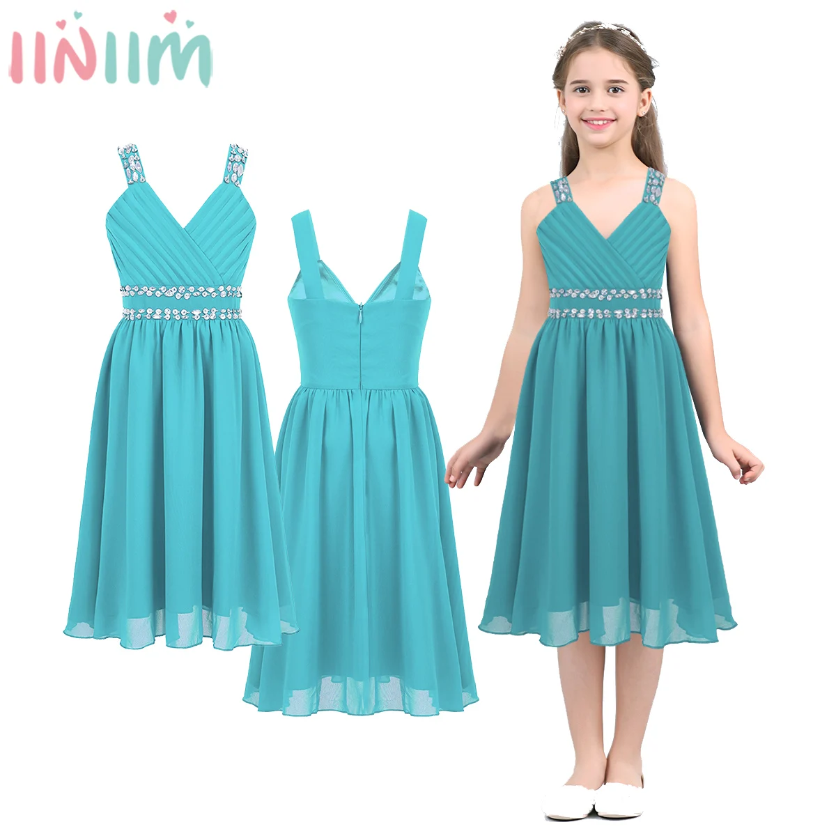 

iiniim Kids Girls Straps Rhinestones Glitter Reflective Chiffon Dress Parties Summer Dress Vestido de festa Flower Girls Dress