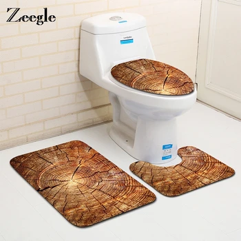 

Zeegle Wood Tree Annual Ring Round Bathroom Mat Anti Slip Set Coral Fleece Floor Bath Mats Washable Toilet Rugs