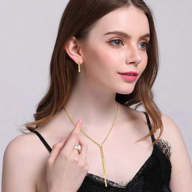 

Vnox Bling Women's CZ Stone Long Jewelry Sets Elegant Gold Tone Stainless Steel Chain Wedding Earrings and Necklace Set