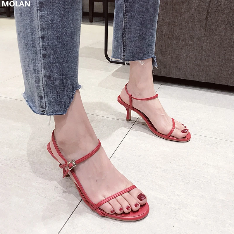 

MOLAN Brand Desingers 2019 Summer New Sexy Narrow Band High Thin Heels Woman Sandals Buckle Strap Leather Lady Shoes For Party