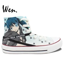 Вэнь светло голубой Аниме ручная роспись обувь Черный Рок Шутер подарки на день рождения для мужчин и женщин аниме высокие холщовые кроссовки