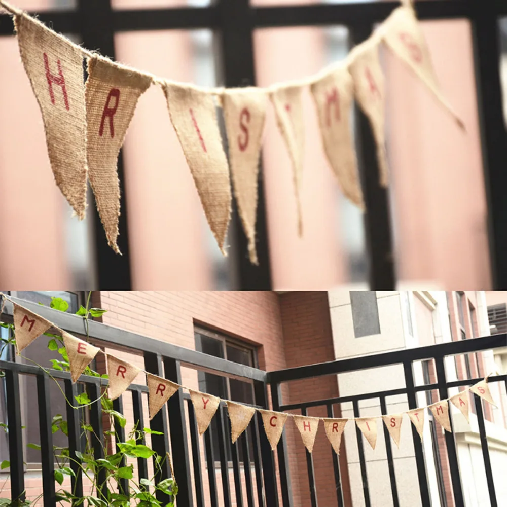 

10Pieces/lot 2.8M Vintage Merry Christmas Hessian Fabric15 Flags Bunting Banner for Wedding Holiday Party Decoration Supplies