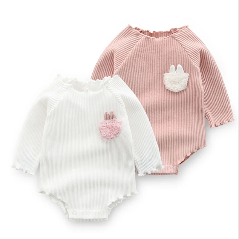 

2019 Spring Autumn Newborn Baby Girl Onesie Sweet Cute Comfrotable Breathable Cotton Solid Color Furry Rabbit Ear 0-1Y Babysuit