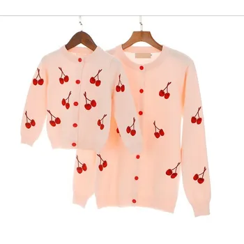 

Mother And Daughter Clothes Cotton Sweater Cherry Embroidery Spring Autumn Mom And Girls Knit Cardigan Matching Family Outfits