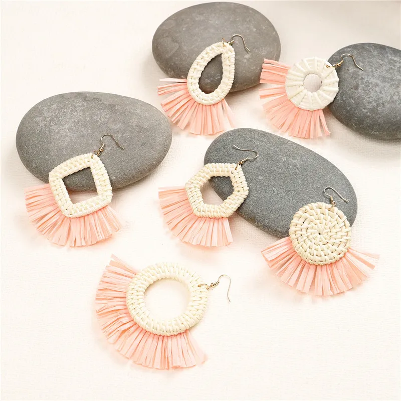 

SEDmart Handmade Straw Raffia Long Trassl Drop Earrings for Women Rattan Round Cricle Fringe Boho Statement Trendy Jewelry Gift