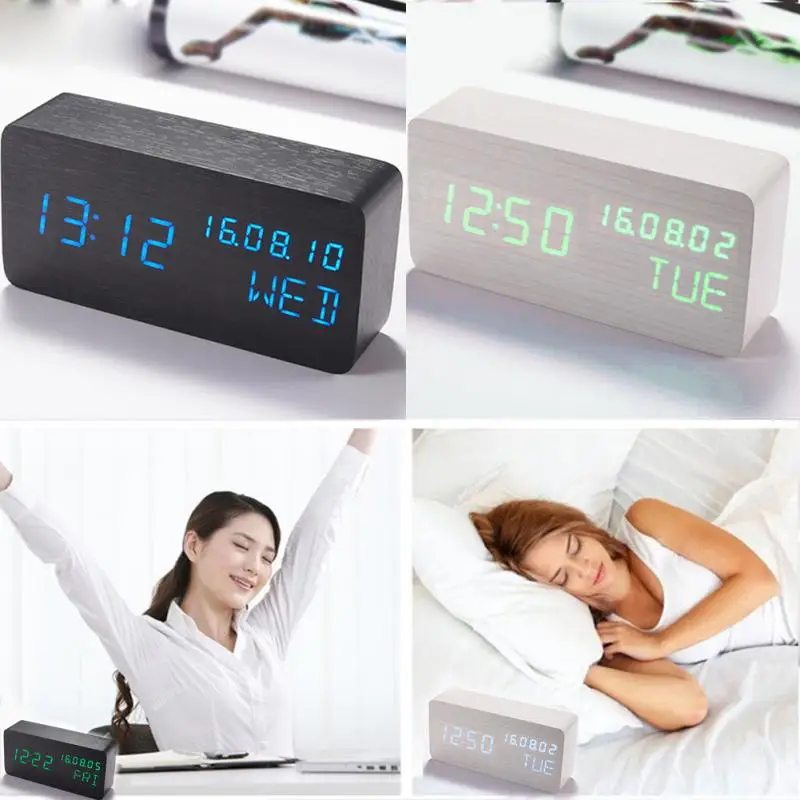 LED Cube Wooden Clock Voice Control Electronic Desk Table Clock LED Digital Watch no Radio For Kids Bedside Alarm Clock