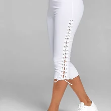 Леггинсы Капри на шнуровке, повседневные женские леггинсы с высокой талией, женские леггинсы с боковой повязкой, женские леггинсы до середины икры, одноцветные брюки белого и черного цвета