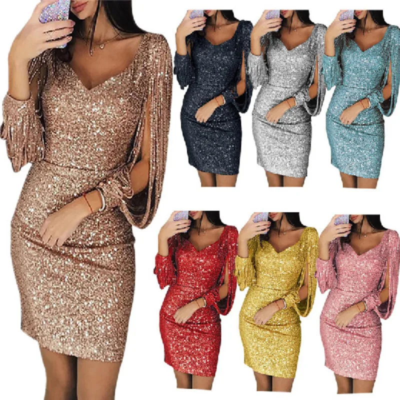 

Summer Women Sexy Off Arm Mini Dress Sexy Flash Textile Tassel Long Sleeve Party Dress V-Neck