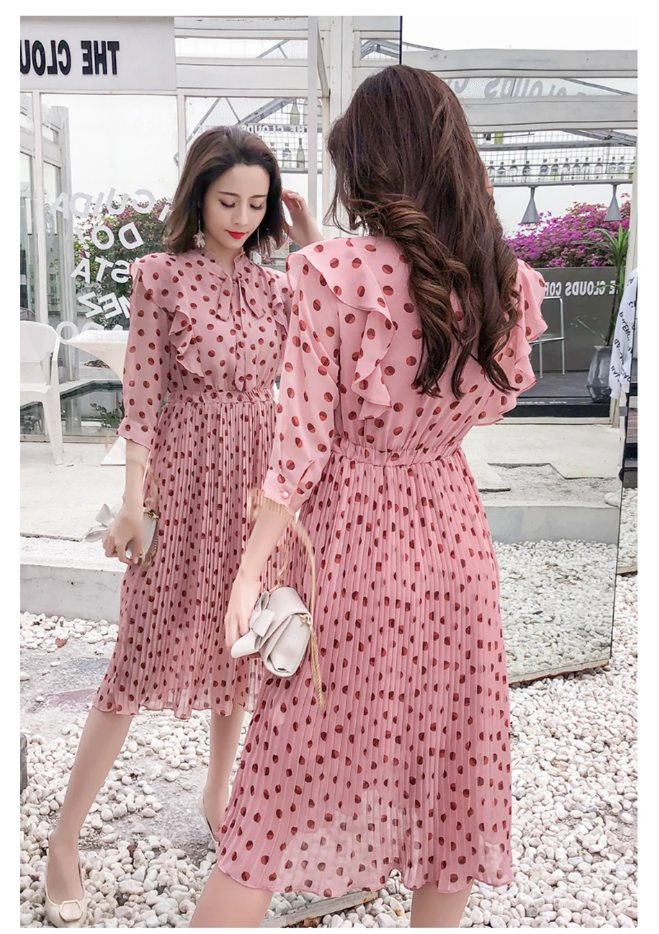 Женские длинные платья, повседневное летнее элегантное винтажное платье с рюшами и принтом, женское шифоновое платье средней длины в горошек, корейский стиль, розовое