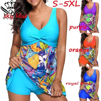

2018 Plus Size Swimwear Two Piece Swimsuit Women Summer Beach Wear Vintage Retro Print floral Bathing Suit Dress S-5XL