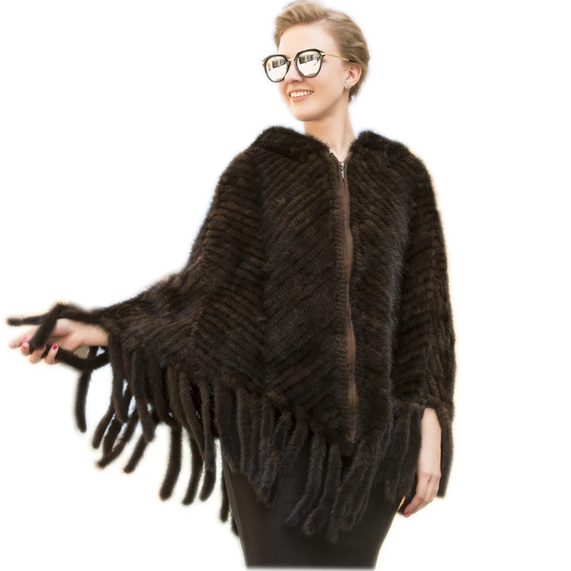 

European fur women's poncho Knitted mink fur coat 2019 new arriving women warm shawl poncho warp jackets overcoats with tail