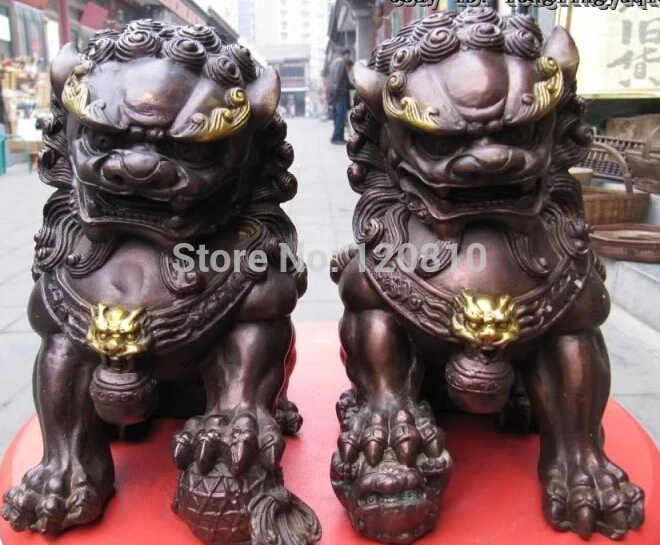 

Chinese Copper Bronze Feng Shui Guardian Evil Door Bei Jing Fu Foo Dog Lion Pair statue