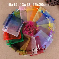 100 шт./лот 10x12, 13x18, 15x20 см нескольких цветов шелк мешки из органзы на шнурке Чехлы для рождественские украшения свадебный подарок мешок
