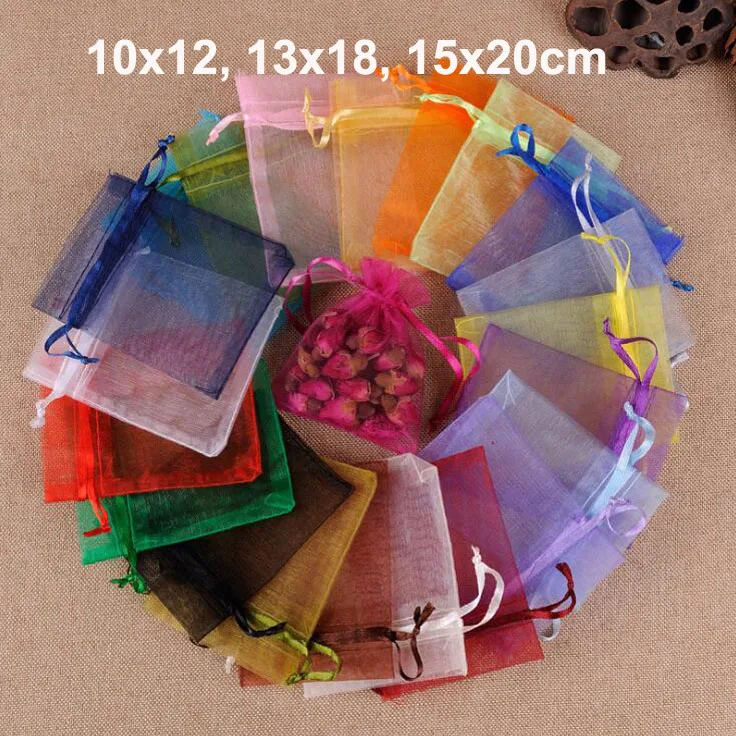 

100pcs/lot 10x12, 13x18, 15x20cm Multi Colours Silk Organza Bags Drawstring Pouches For Chirstmas Decoration Wedding Gift Bag