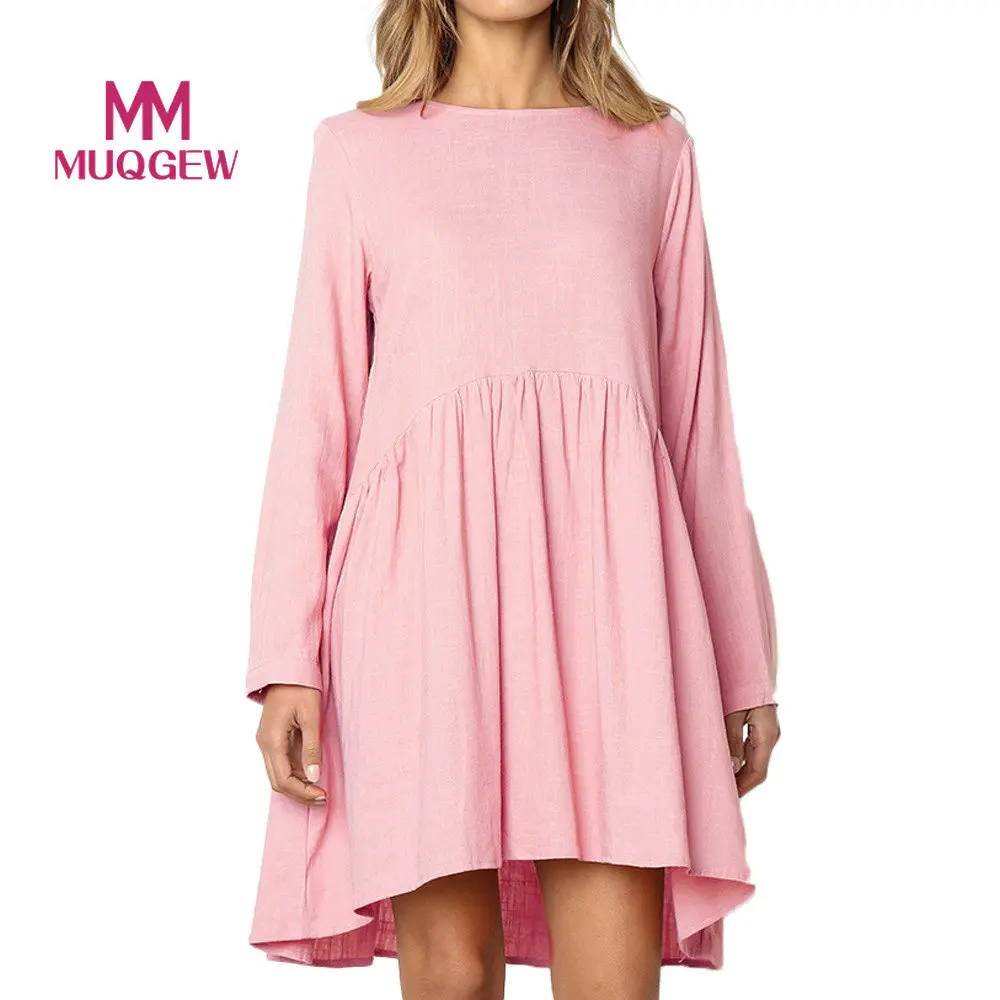 

MUQGEW Women Dress Casual Autumn Long Sleeve Round Neck Button Solid Color Pocket Evening Party Casual Short Dress Vestidos