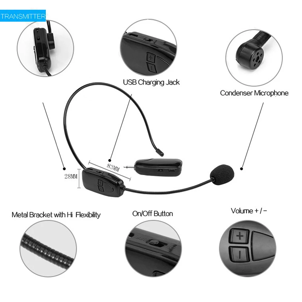 2,4G беспроводной микрофон, гарнитура для речи, Мегафон, радио микрофон для громкоговорителя, обучающий микрофон с адаптером 6,5 мм