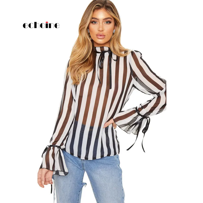 

Echoine Sexy Shirt Blouses Womens Thin Striped Print Bow Perspective Loose Long Flare Sleeve Turtleneck Spring Autumn Shirts