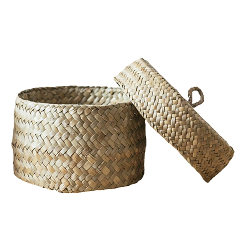 

Seaweed Snack Storage Box Handmade Finishing Box with Lid - Woven Wardrobe Desktop Storage Basket Home Round Gift Box