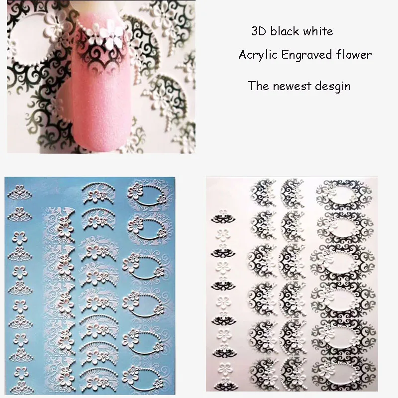 

1pc 3D Acrylic Engraved flower Nail Sticker Embossed white black lace Flower Water Decals Empaistic Nail Water Slide DecalsZ0108