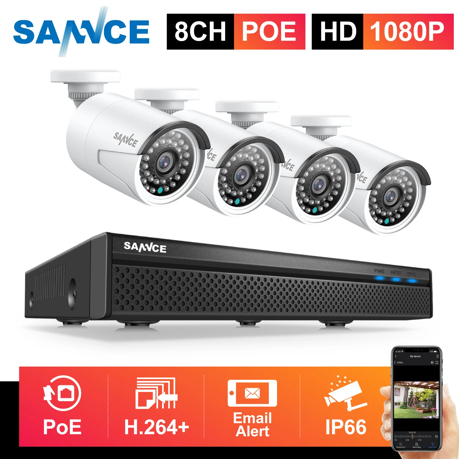

SANNCE RU 8CH 1080P HD POE Video Security System H.265 5MP NVR With 4X 2MP CCTV Outdoor Waterproof IP Camera Built-in Microphone