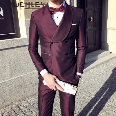 

Mens Suits With Pants 3 Pieces Double Breasted Suits Mens Burgundy Tuxedo Slim Fit Formal Wedding Prom Dress Suits 2018 Mauchley