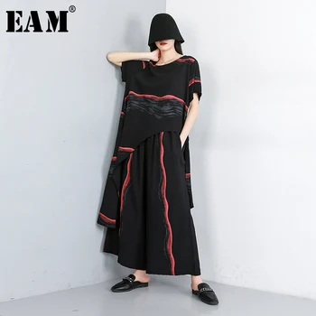 

[EAM] 2020 New Spring Autumn Round Neck Half Sleeve Black Striped Loose Wide Leg Pants Two Piece Suit Women Fashion Tide JW591