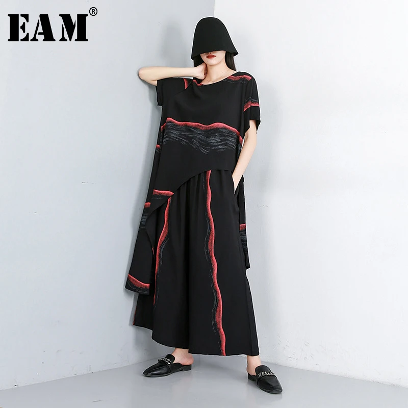 

[EAM] 2019 New Autumn Winter Round Neck Half Sleeve Black Striped Loose Wide Leg Pants Two Piece Suit Women Fashion Tide JW591