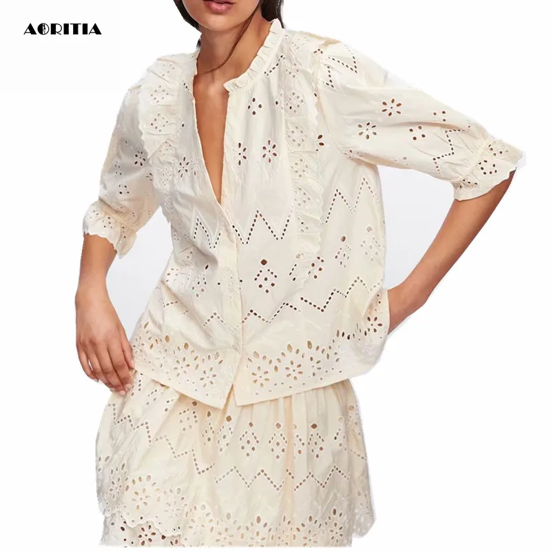 

2019 Women Spring Lace Coat Long-sleeve Blouse Skirts Set Two Pieces Set Top Skirts Set