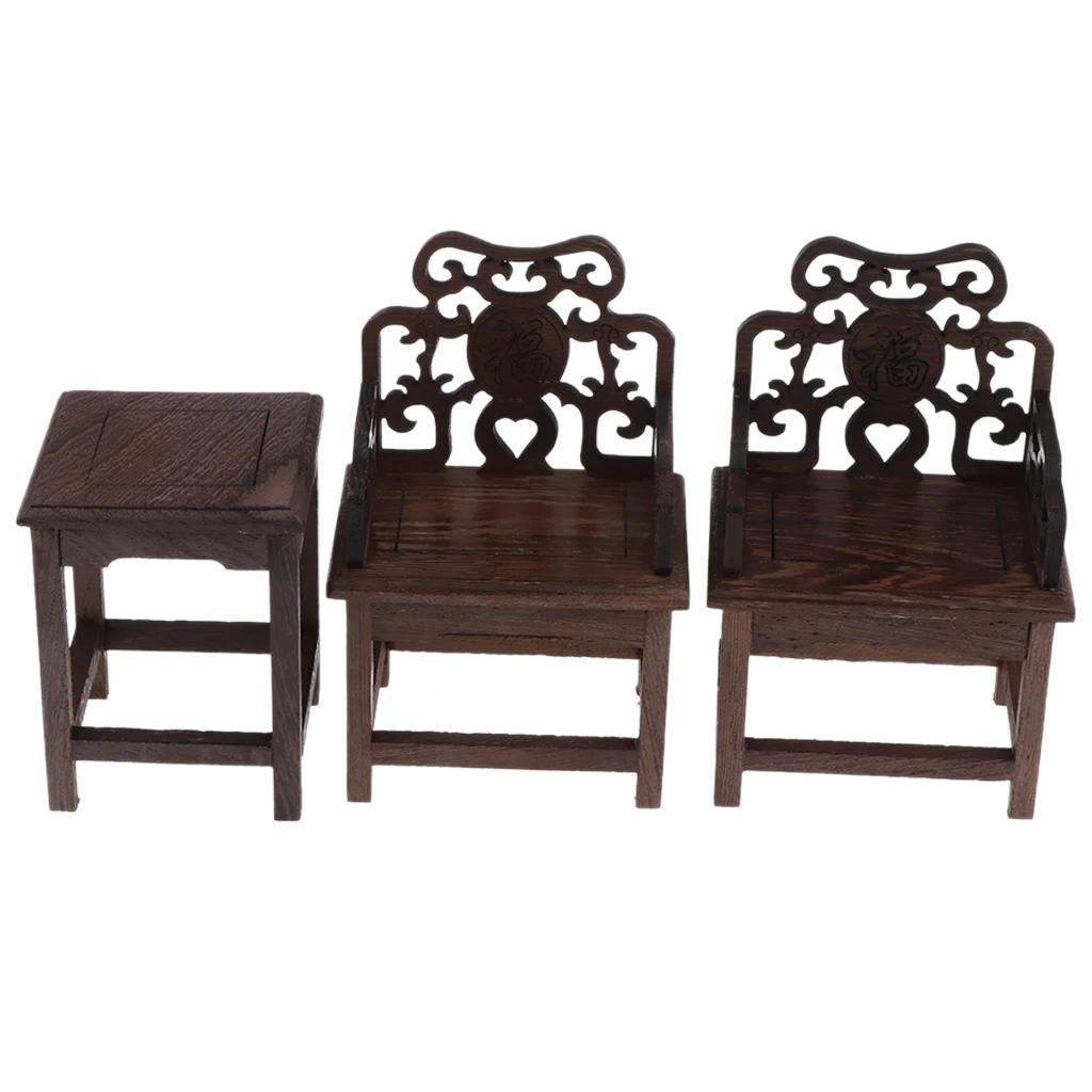 

3 Pieces Mini Traditional Table And Armchairs Set For 1/6 Dolls House Living Room Decor, A