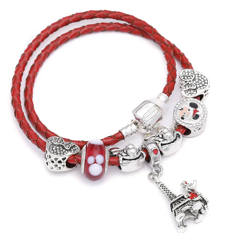 TOGORY дропшиппинг Микки Минье браслеты с подвесками серебряный цвет с кожаной цепочкой и красными бусинами тонкий браслет Аутентичные ювелирные изделия