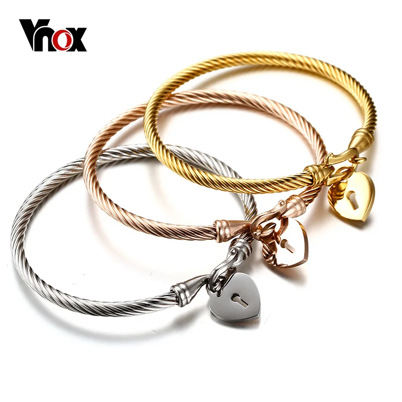 

Vnox Fashion Love Heart Women Bracelet Stainless Steel Triple Three Cable Wire Twisted Cuff Bangle Bracelets Set Femme Jewelry
