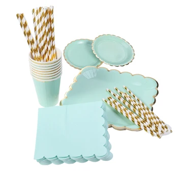 

69PC Disposable Tableware set Christmas Light Green Paper Plates Cups Napkin Birthday Supplies Plastic Straws for Carnival Party