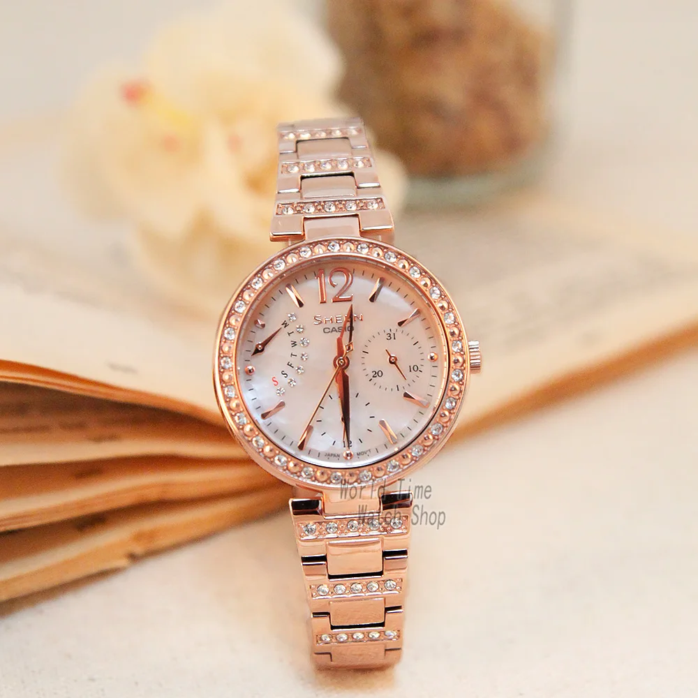 Часы Casio SHEEN женские часы Swarovski Crystal топ класса люкс комплект 50м Водонепроницаемые