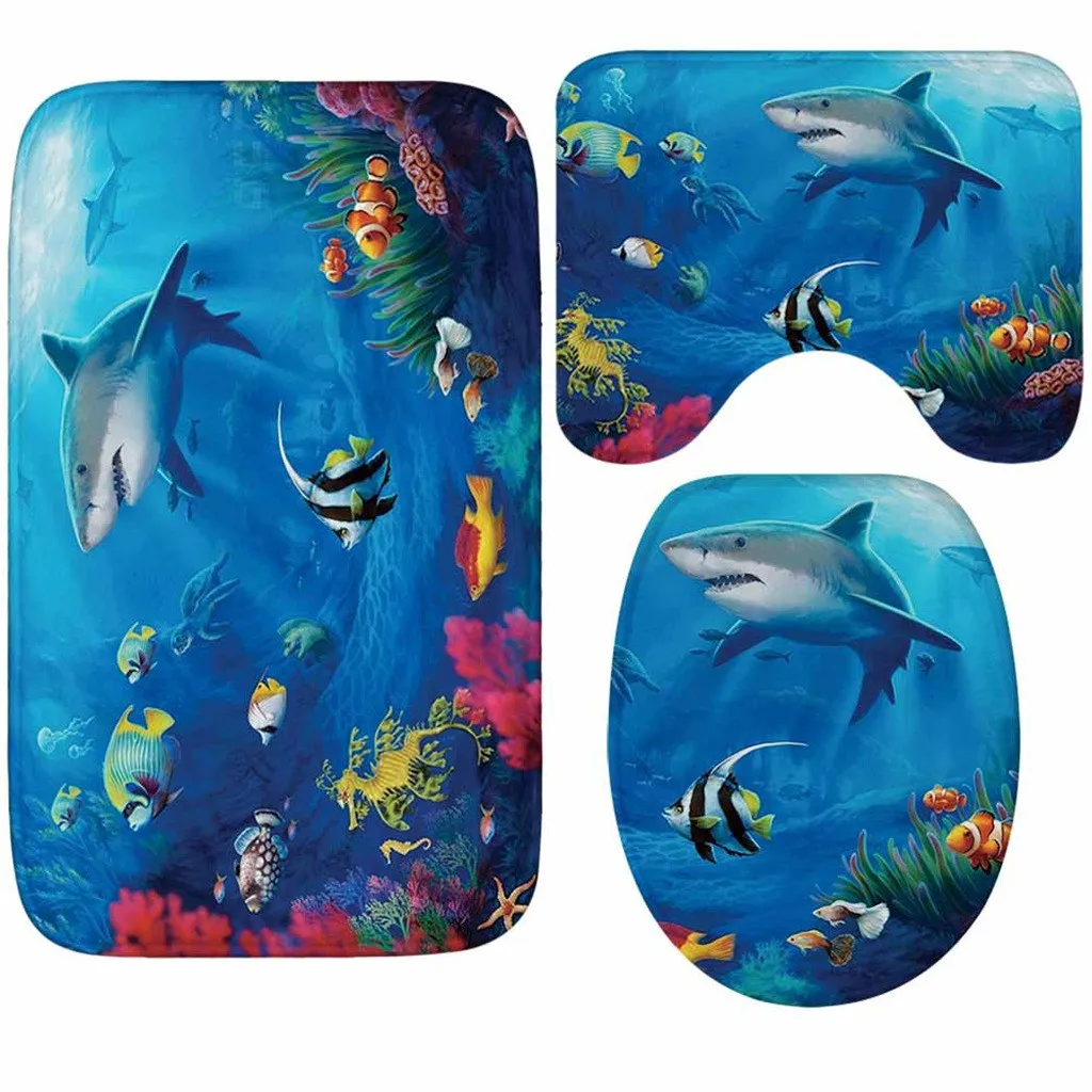 3 Pcs Bath Mats Anti Slip Bathroom Mat Set Ocean Underwater World Coral